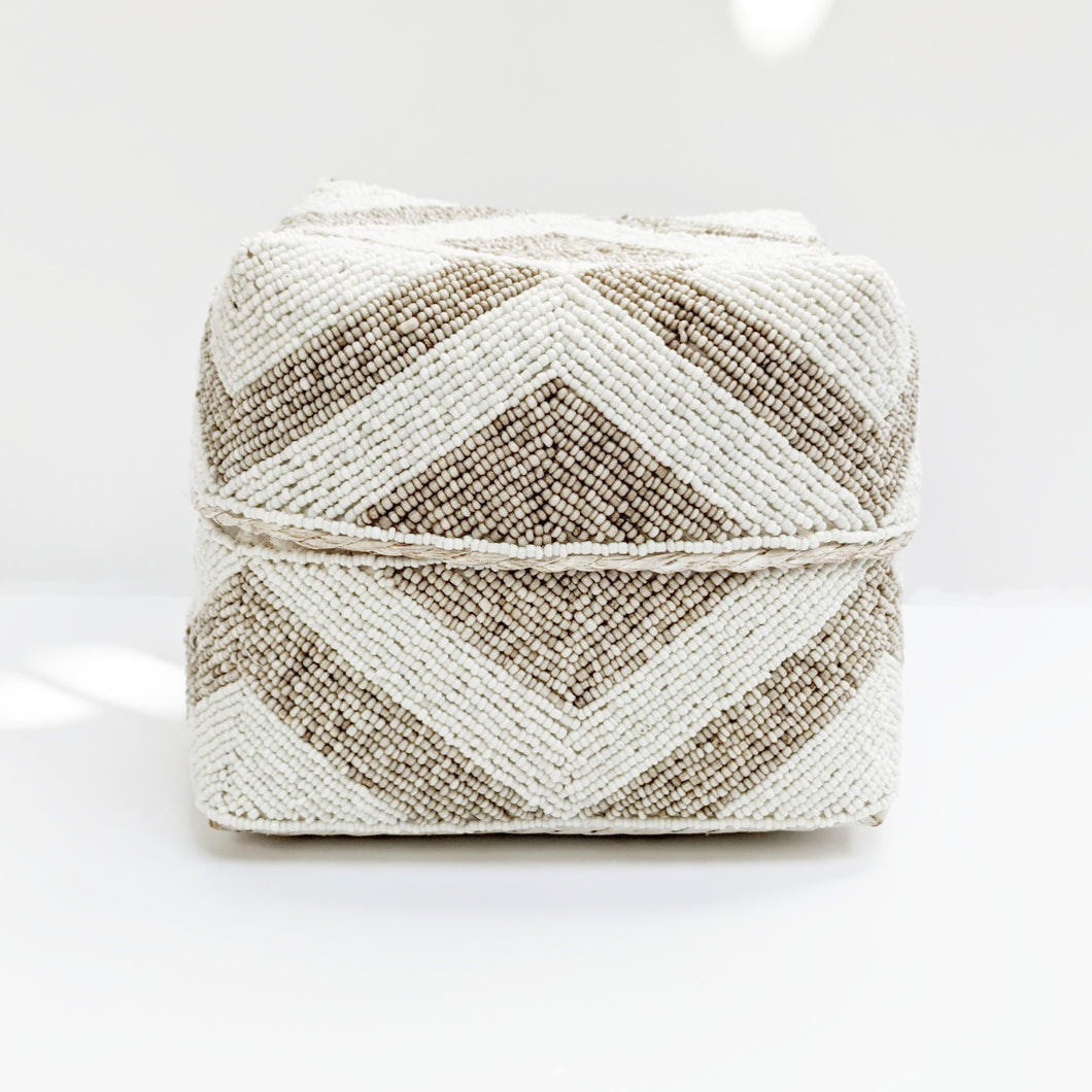 Bali Beaded Box ~ White with Natural Bold Diamond